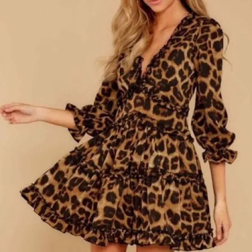 Mable leopard animal print ruffle v-neck tiered dress Leopard Print Ruffle Dress